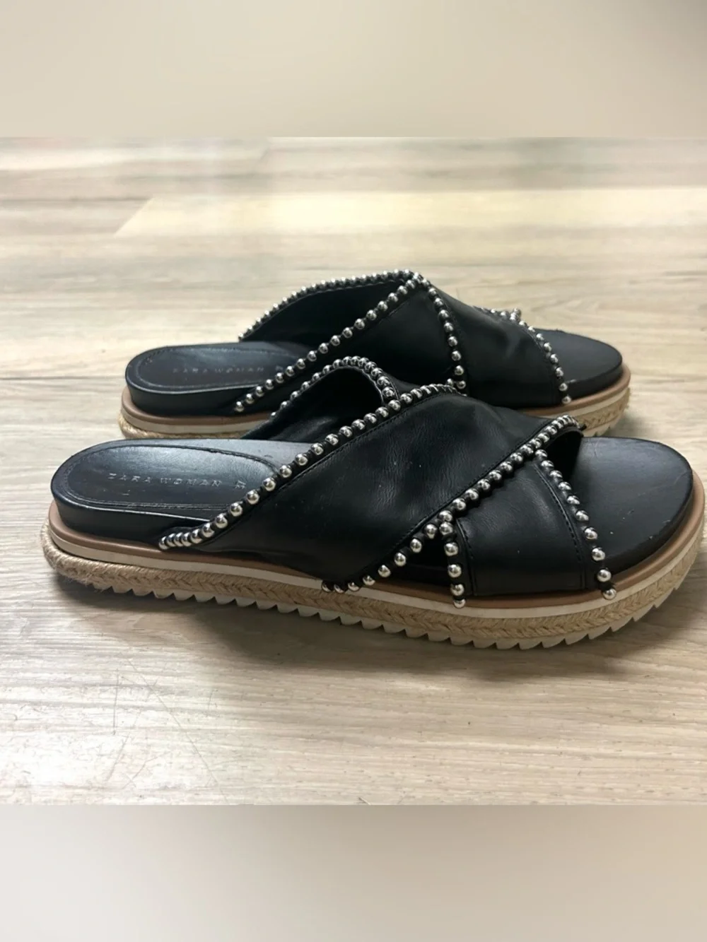 Zara Sandals Black Silver Studded Cross Strap Slides Women 6.5 Open Toe Slip On - Picture 4 of 12